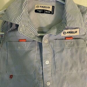 Magellan Outdoors Blue and White Casual Button Down Shirt
